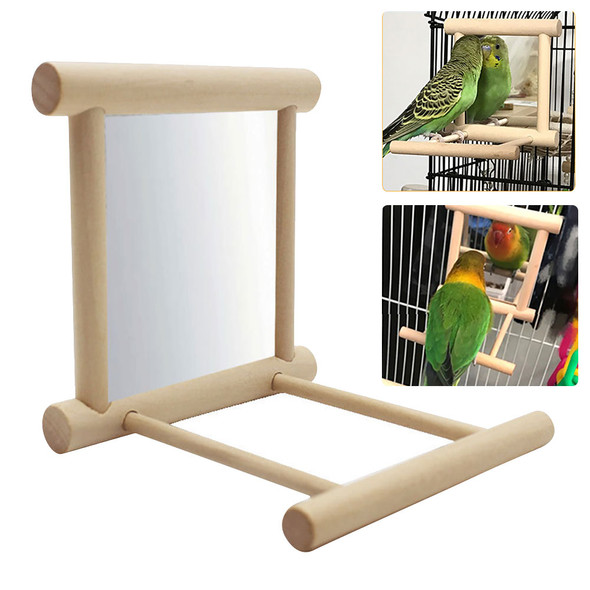 Bird Mirror Wooden Interactive Play Toy With Perch For Small Parrot Budgies Parakeet Cockatiel Conure Lovebird Cage Accessories