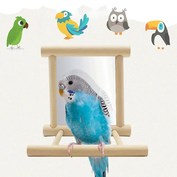 Bird Mirror Wooden Interactive Play Toy With Perch For Small Parrot Budgies Parakeet Cockatiel Conure Lovebird Cage Accessories