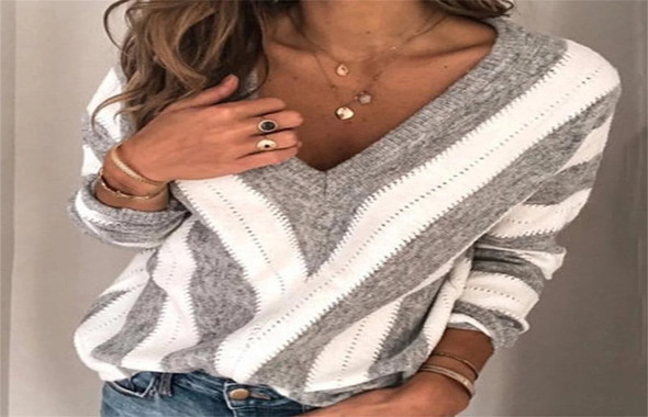 Fashion V Neck Striped Knitted Women Sweater Oversized Loose Pullover 2023 Autumn Winter Female Plus Size Knitwear Lady Jumpers