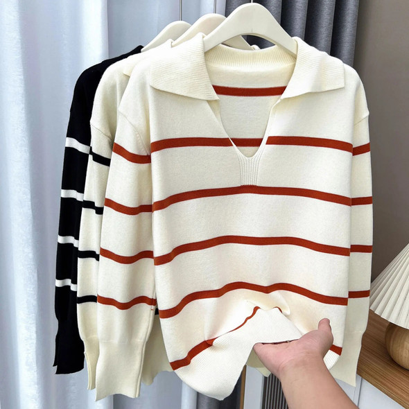 Plus Size Women's Autumn And Winter Polo Collar Striped Knit Sweater Casual Long Sleeve Pullover Jumpers