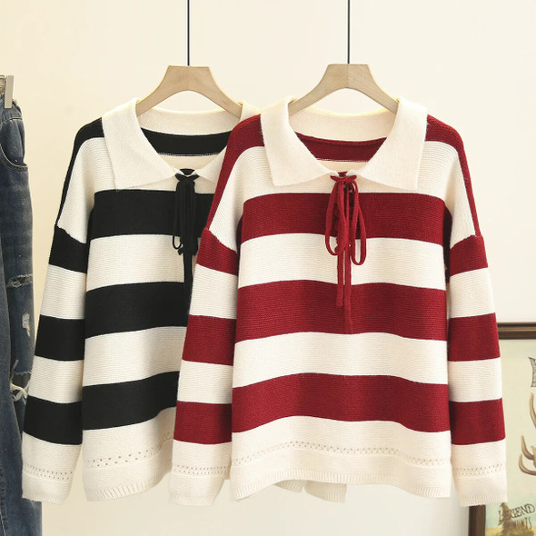 3xl Autumn Plus Size Jumper Woman Clothing LOOSE Knitted Pullover Winter Fashion Stripe Peter Pan Collar Curve Sweaters