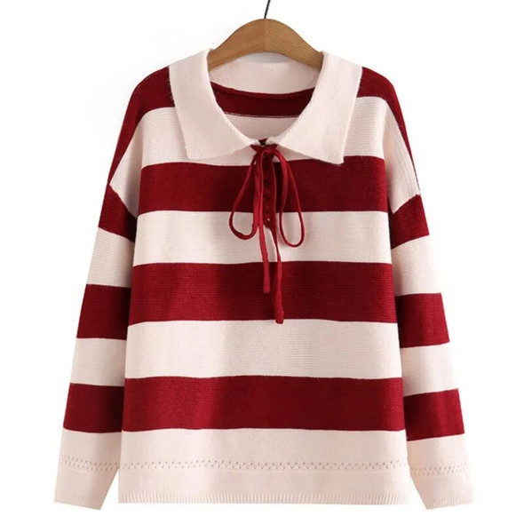 3xl Autumn Plus Size Jumper Woman Clothing LOOSE Knitted Pullover Winter Fashion Stripe Peter Pan Collar Curve Sweaters