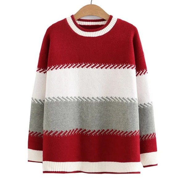 4xl Autumn Plus Size Jumper Woman Clothing LOOSE Knitted Pullover Winter Fashion Color Block O-Neck Curve Sweater