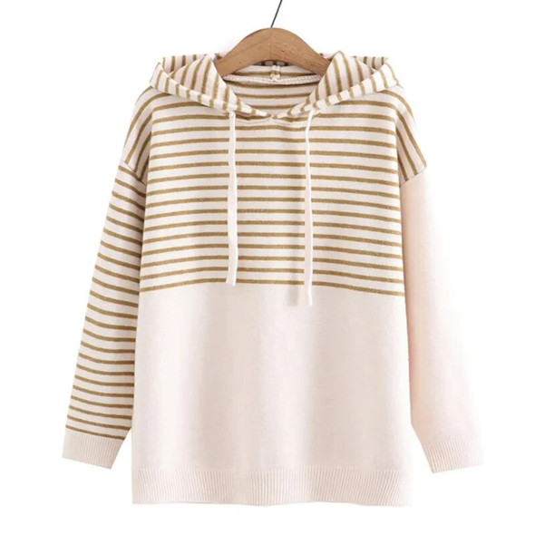 4xl Autumn Plus Size Jumper Woman Clothing LOOSE Knitted Pullover Winter Fashion Stripe Color Block Hooded Curve Sweaters