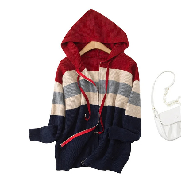 Stylish Striped Hooded Zipper Cardigan Sweaters Womens Plus Size Autumn Winter Casual Clothing Long Sleeve Knitted Jumpers