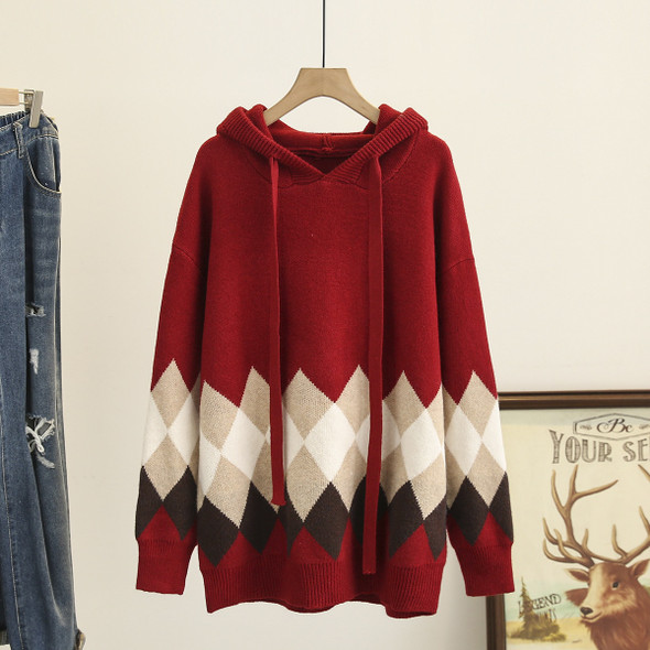 4xl Autumn Plus Size Jumper Woman Clothing LOOSE Knitted Pullover Fashion Block Color Argyle Hooded Curve Sweater Winter