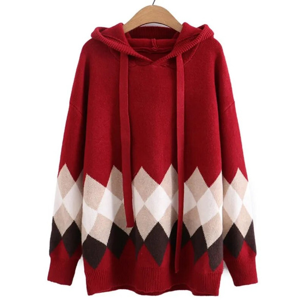 4xl Autumn Plus Size Jumper Woman Clothing LOOSE Knitted Pullover Fashion Block Color Argyle Hooded Curve Sweater Winter