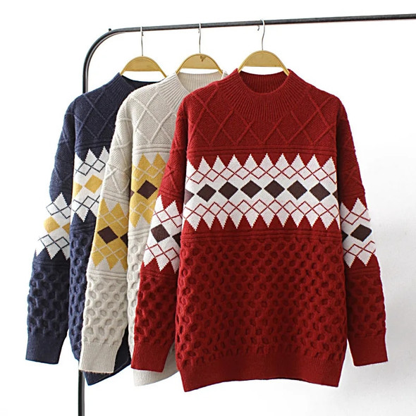 4XL Plus Size Knitted Sweater Women Clothing 2022 Autumn VINTAGE Jacquard Argyle Jumper Winter Mock Neck Pullovers