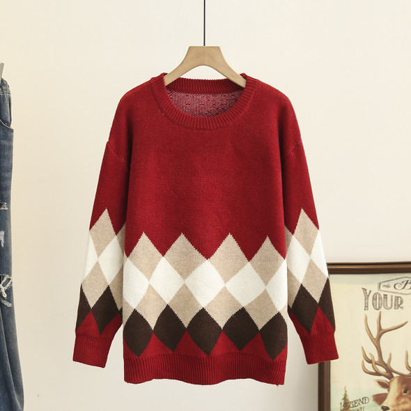 4xl Autumn Plus Size Jumper Woman Clothing LOOSE Knitted Pullover Fashion Argyle Dobby O-Neck Curve Sweater Winter