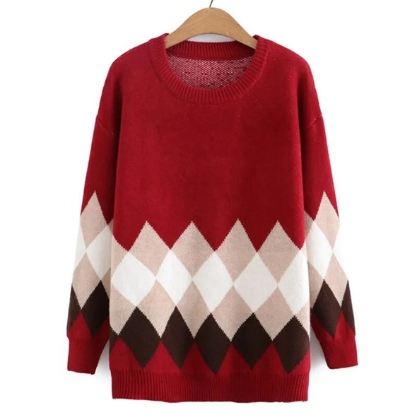 4xl Autumn Plus Size Jumper Woman Clothing LOOSE Knitted Pullover Fashion Argyle Dobby O-Neck Curve Sweater Winter