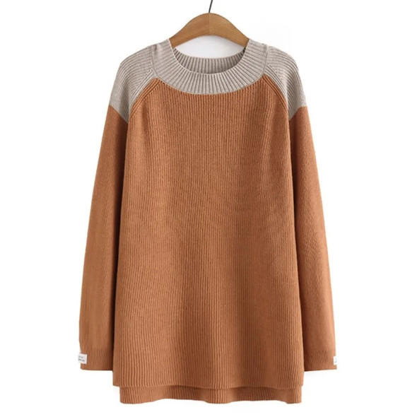 3XL Plus Size Sweaters Women Autumn Winter O-Neck Warm Jumpers Fashion Contrast Color Sleeves Labelling Knitted Pullovers