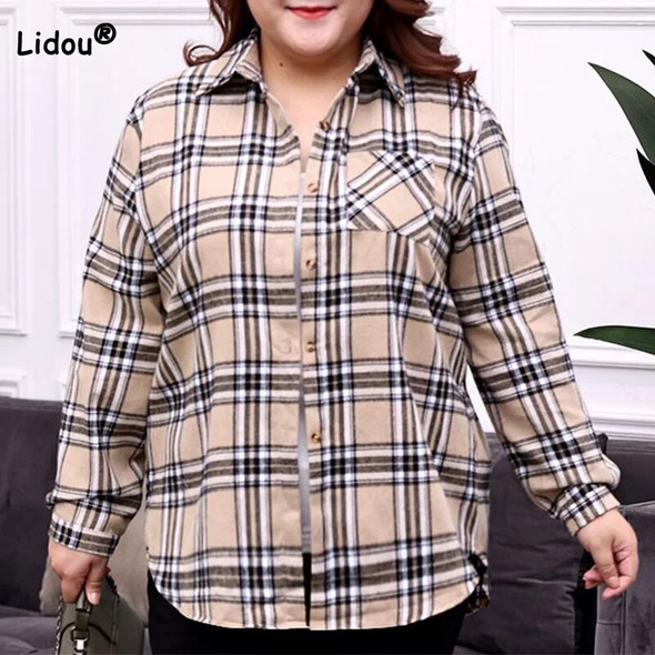 Fashion Korean Spring Autumn Long Sleeve Single Breasted Blouse Plus Size Women Polo-Neck Patchwork Pockets Plaid Print Shirt