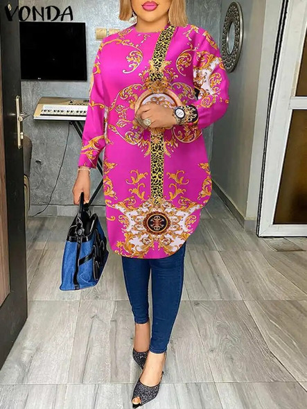 Plus Size 5XL VONDA Bohemian Blouses Women Long Shirt Long Sleeve Printed Vintage Tops Tunic Fashion Casual Blusas Femininas