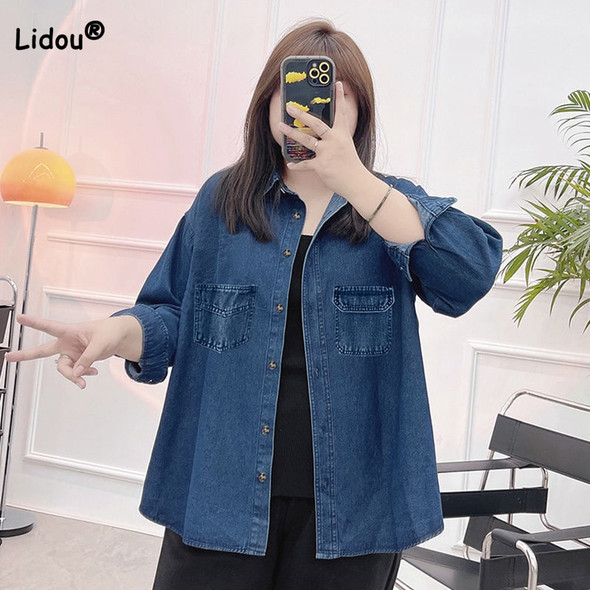 Fashion Korean Turn-down Collar Double Pockets Long Sleeve Loose Blouse Single Breasted Lazy Vintage Plus Size Blue Denim Shirt