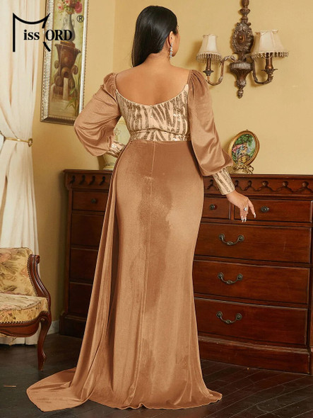 Missord Plus Size Ribbon Lantern Sleeve Velvet Gold Evening Dress Formal Occasion Dresses