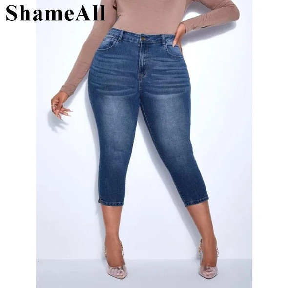 Plus Size Dark Blue Stretchy Skinny Knee Length Distressed Mom Jeans 4XL Summer Breeches Denim Jeggings Pant 3/4 Leggings Capris