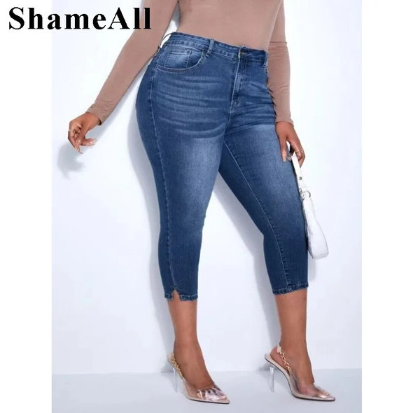 Plus Size Dark Blue Stretchy Skinny Knee Length Distressed Mom Jeans 4XL Summer Breeches Denim Jeggings Pant 3/4 Leggings Capris
