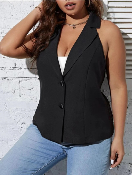 Women Plus Size Blazers 2023 Summer Fashion British Suit Jackets Large Size Female Solid Color V-neck Sleeveless Loose Outwear