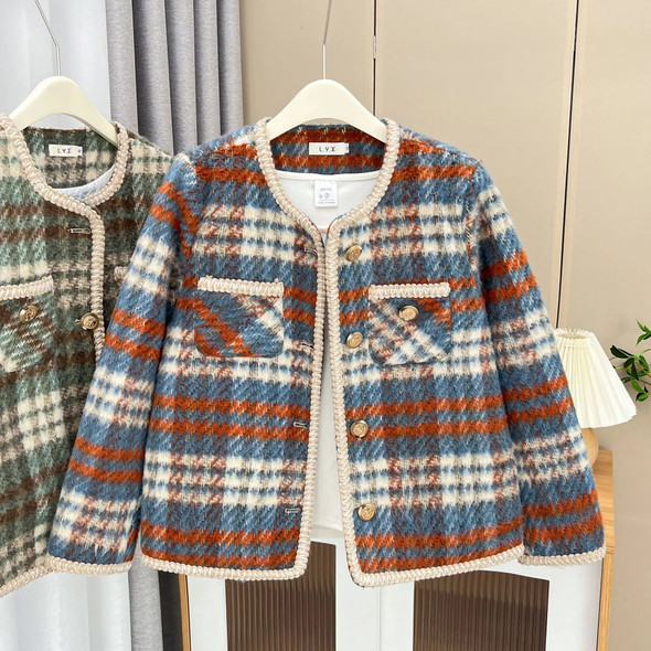 Womens Plus Size Woollen Jacket Autumn Casual Clothing Fashion Chic Plaid O-neck Outwear Curve Coats H5 8950