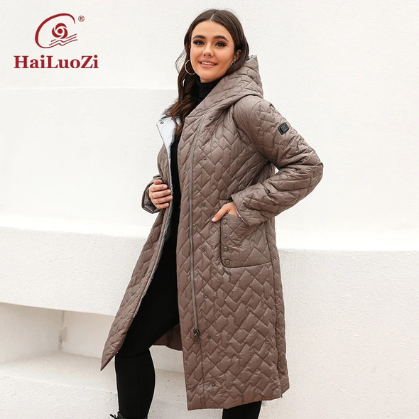 HaiLuoZi New Spring Jacket For Women 2022 Long Female Coat Warm Plus Size Parkas Fashion Belt Design Hooded Quilted Outwear 7081