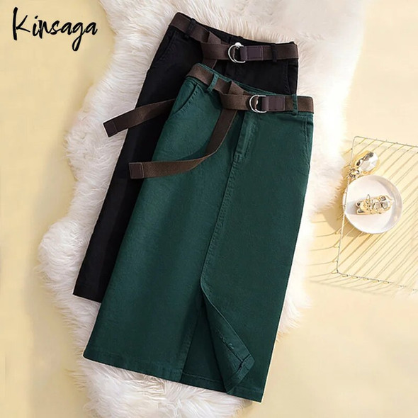 Plus Size Slim High Waist Front Slit Midi Straight Skirts 4XL Women Japanese Harajuku Sashes Pockets Bodycon Green Cargo Skirt