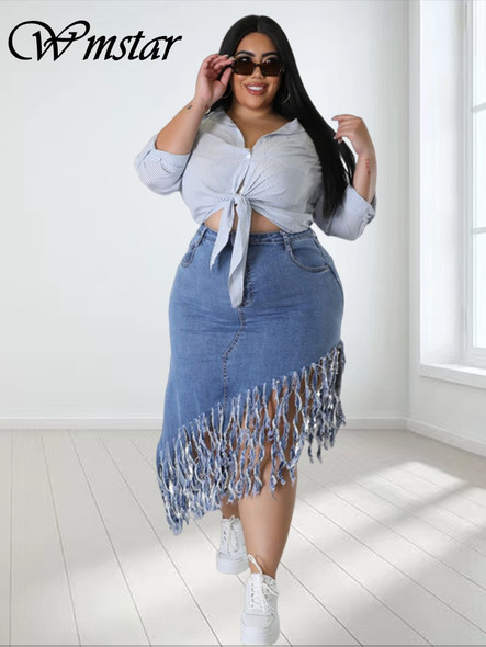 Wmstar Plus Size Only Skirts Women's Clothing Denim Maxi with Tassel Sexy Bodycon New In Outfits Wholesale Dropshipping 2023