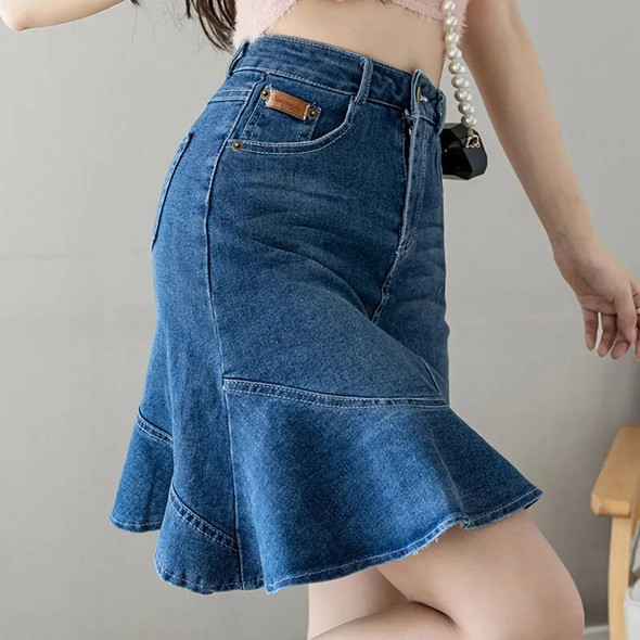 DFRCAEG 2023 Summer Denim Skirt For Women High Waistb Ruffles Midi Mermaid Blue Jeans Skirts Korean Casual Plus Size Jupe Femme