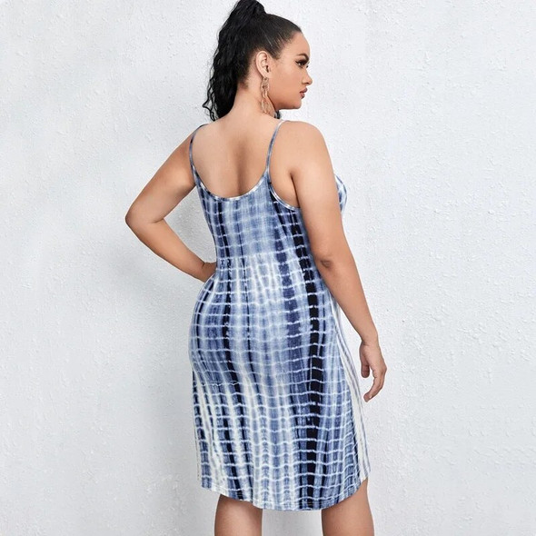 Plus Size Sexy Summer Tie Dye Cami Dress Women Sleeveless Tank Dress Blue And White Club Dress Plus Size Casual Beach Dress 5XL