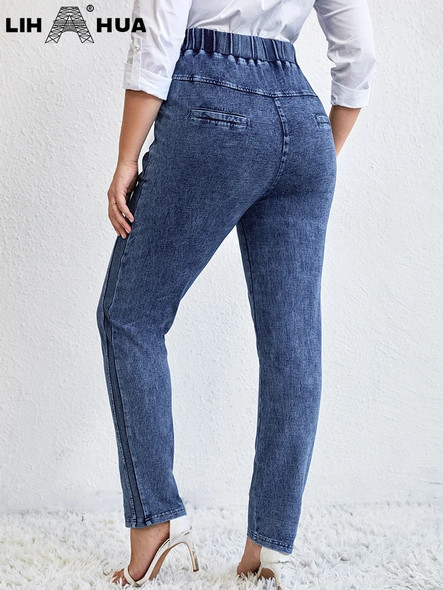 LIH HUA Women's Plus Size Jeans Autumn High Stretch Cotton Knitted Denim Trousers Casual Jeans