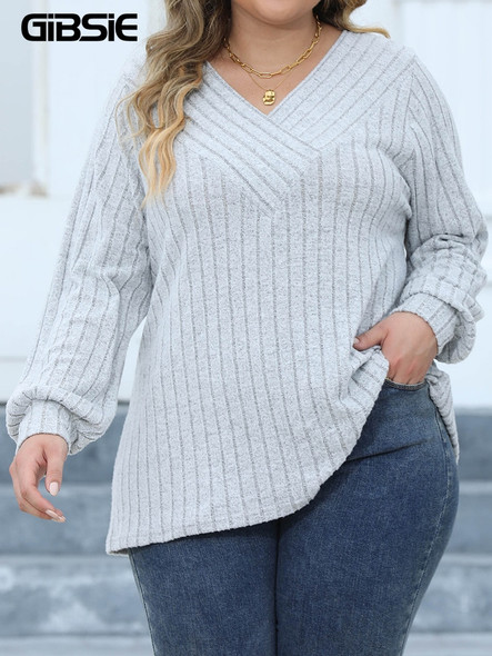 GIBSIE Plus Size Long Sleeve T Shirts for Women Spring Fall Fashion V Neck Solid Ribbed Knit Casual Tee Tops Female 2023 Clothes