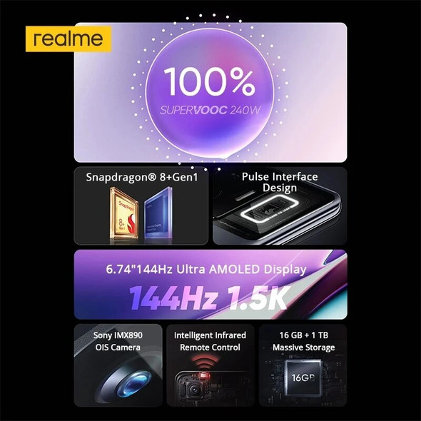 Global Version Realme GT3 Snapdragon 8+ Gen1 6.74" 144Hz 1.5K Ultra AMOLED 16GB RAM 1TB ROM 4600 mAh 240W SUPERVOOC NFC OTA