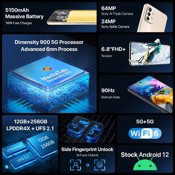 [In Stock] UMIDIGI A13 Pro Max 5G Smartphone,12GB+256GB Dimensity 900, 90Hz 6.8'' FHD+ Display 64MP Triple Camera Cell Phone