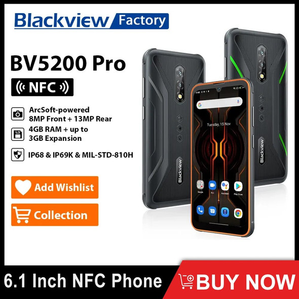 Blackview BV5200 Pro ArcSoft Rugged Smartphone 4GB 64GB Octa Core Android 12 Mobile Phone 13MP 5180mAh 6.1 Inch NFC Cellphone