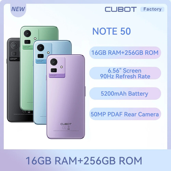 Cubot NOTE 50 Smartphone 6.56" 16GB 256GB 90Hz Refresh Rate 5200mAH 50MP Camera GPS Face ID NFC Fingerprint Scanner Cellphone