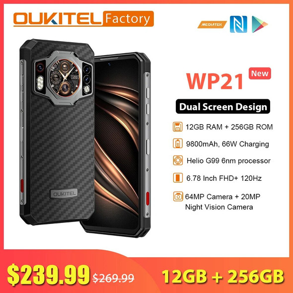Oukitel WP21 12GB 256GB Rugged Smartphone Dual Screen G99 6nm 66W Fast Charging Mobile Phone 6.78 FHD+ 120Hz 64MP Cellphones