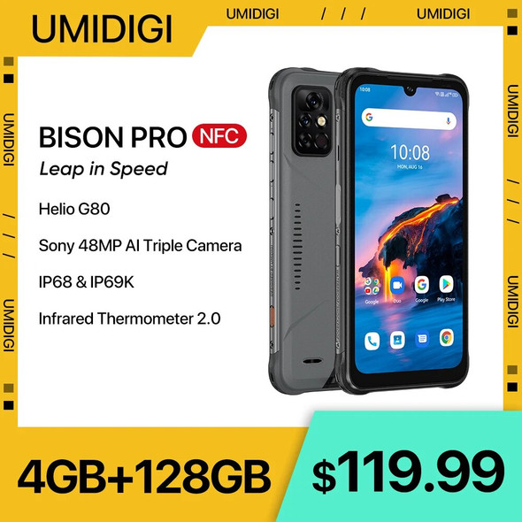 UMIDIGI BISON PRO Global Version Rugged Phone 4GB128GB IP68 Helio G80 NFC 48MP Triple Camera 6.3"FHD+ 5000mAh Battery Smartphone