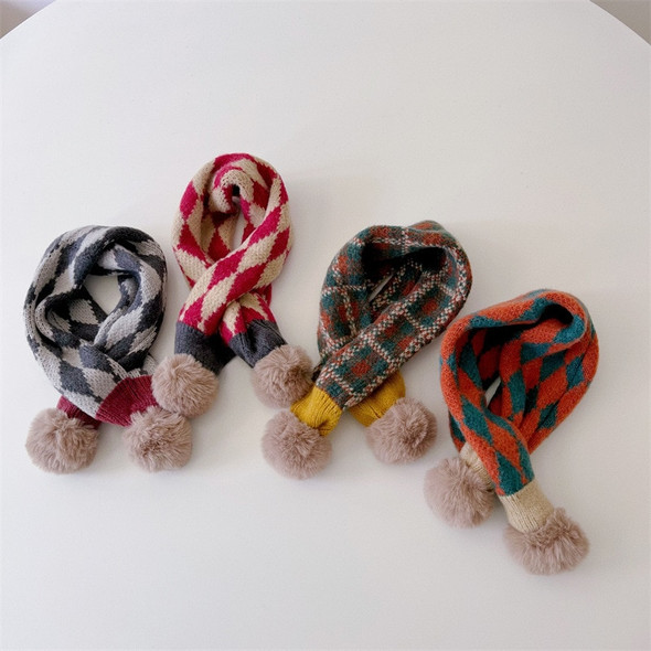 deer jonmi New Winter Korean Style Children Plaid Knitted Scarves Patchwork Bobbles Neckerchief Thicken Warm Toddlers Kids Shawl