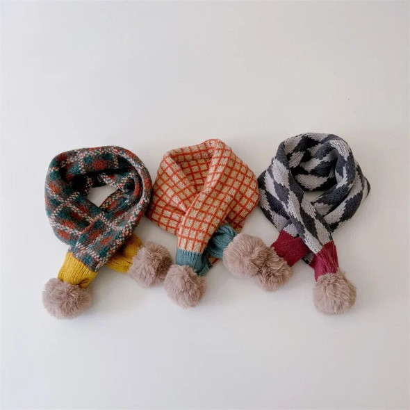 deer jonmi New Winter Korean Style Children Plaid Knitted Scarves Patchwork Bobbles Neckerchief Thicken Warm Toddlers Kids Shawl