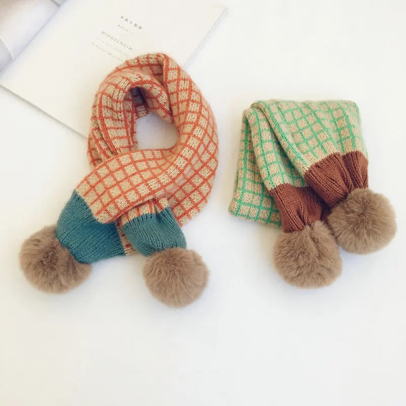 New Winter Children Plaid Knitted Scarves Korean Style Soft Pompon Patchwork Shawl Kids Warm Neckerchief