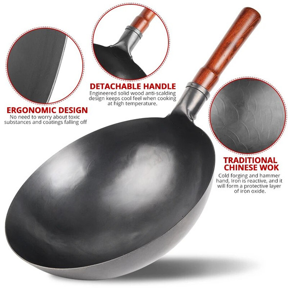 Wok Pan,No Chemical,Chinese Traditional Iron Wok With Detachable Wood Handle,Scratch Resistant Hand Hammered Pan Kitchen Cookwar