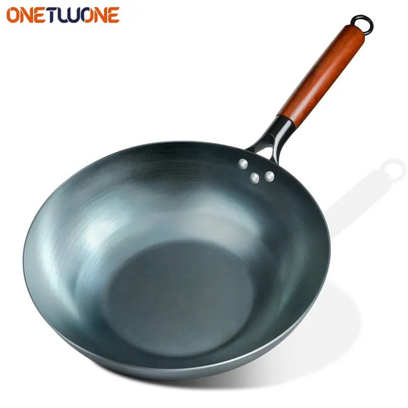 Flat Bottom Wok Pan 13.5" Woks and Stir Fry Pans Blue iron Cookware Traditional Chinese Cookware for Electric Induction Cooktops