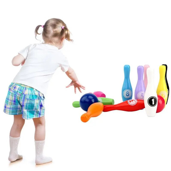 12 Pieces Wooden Color Bowling Set 10 Pins 2 Ball Bowling Game Outdoor Sport Toy