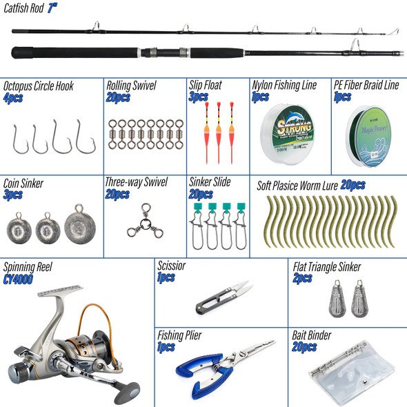 Dr.Fish Catfish Rod and Reel Combo 7ft Spinning Trolling Rod Heavy Duty Baitfeeder Boat Fishing Lure Swivel Line Tool
