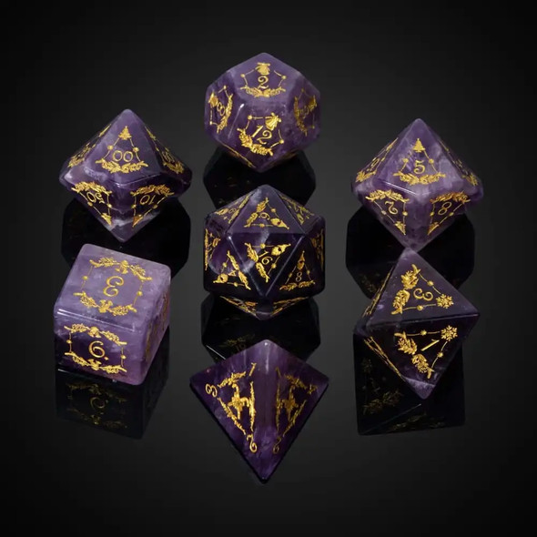 Cusdie Handmade Amethyst Dice 7Pcs 16mm Polyhedral Stone Dice Set with Leather Box Gemstone D&D Dices for Collection RPG