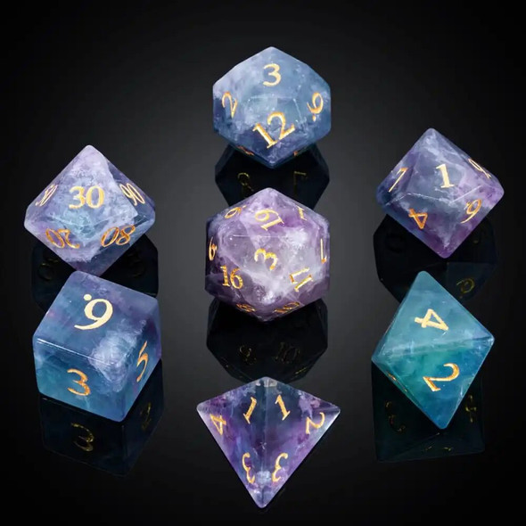 Cusdie 7Pcs Colorful Stone Dice Set, 16mm D4-D20 Handmade Gemstone Dice with Leather Box, D&D Polyhedral Dices for Collection