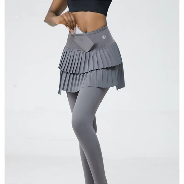 Women High Waist Double Layer Pleated Skirt Legging Gym Fitness Run Yoga Skort Sports Golf Tennis Skirts Fake Two Skirt + Pants