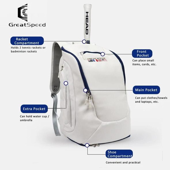 Greatspeed Tennis Racket Backpack Large Capacity with Shoe Compoment Tennis Badminton Bag Travel Business Backpack