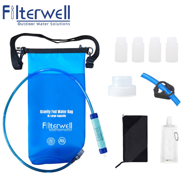 Filterwell 6L TPU Waterdrop Gravity Fed Water Bag with Water Filter Straw for Camping Travel Backpacking Hiking and Emergency