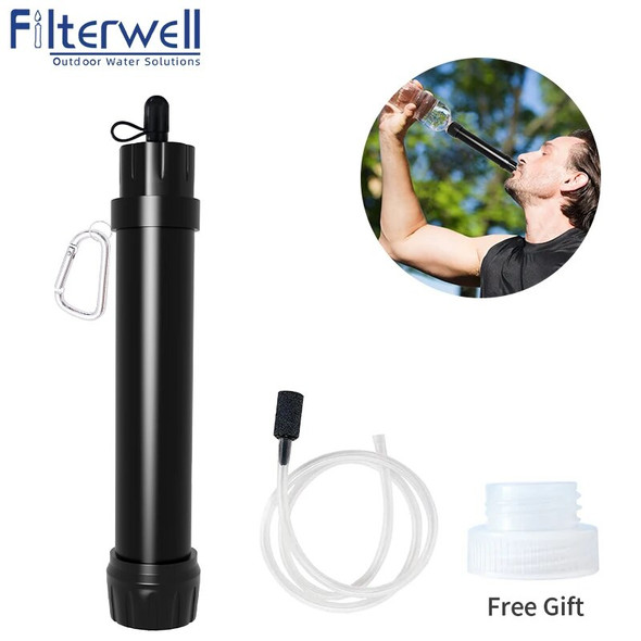 Filterwell Black Personal Mini Water Purifier Filter Straw Survival Gear for Outdoor Hiking Camping Travel Drinking