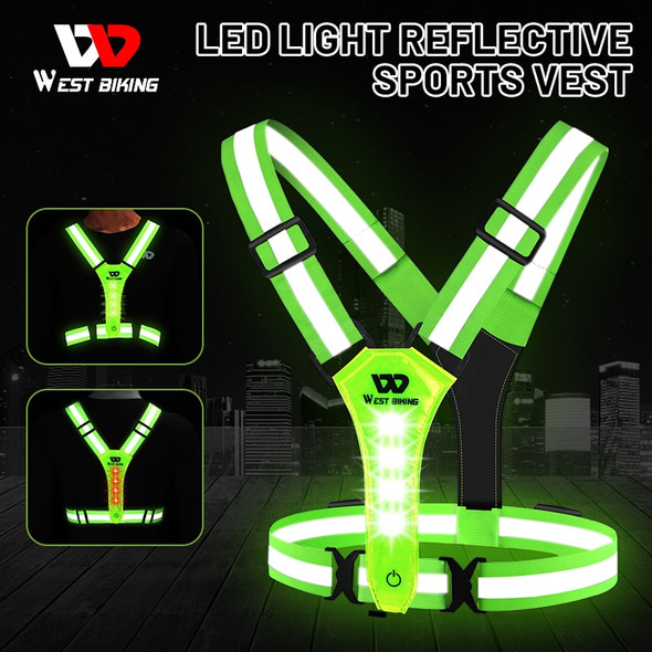 WEST BIKING Safety Reflective Vest LED Running Light USB Charge Adjustable Cycling Vest Night Warning Work Fishing Sports Vest